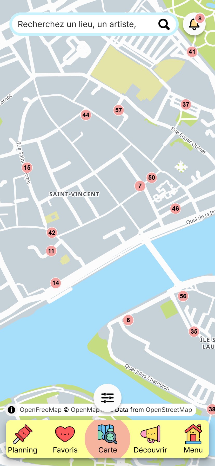 Écran Carte de l'application : un plan de Chalon-sur-Saône avec des lieux numérotés, un champ de recherche en haut, un bouton de filtres en bas et la barre d'onglets Planning, Favoris, Carte, Découvrir, Menu.