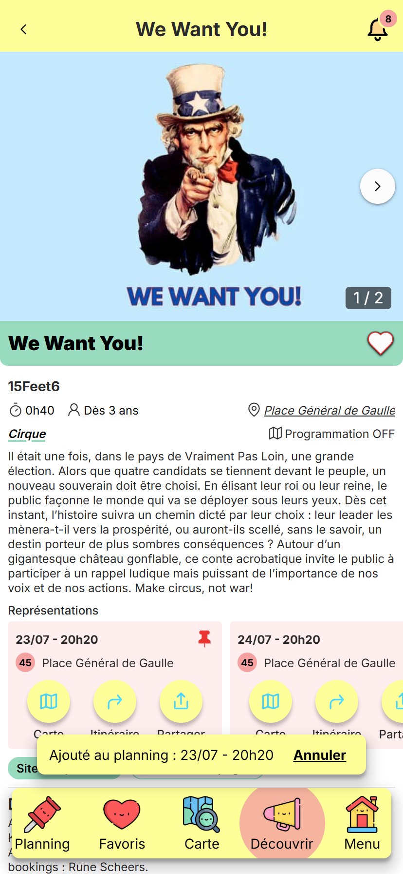 La même fiche après un appui sur l'épingle de la représentation du 23/07 à 20h20 : l'épingle est pleine et un message confirme « Ajouté au planning », avec un bouton Annuler.