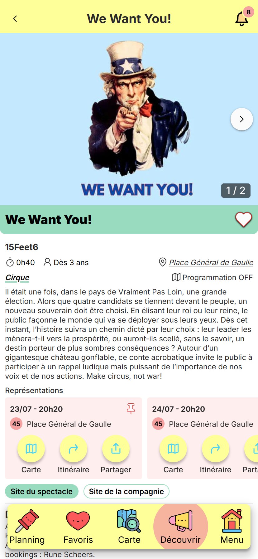 Fiche du spectacle We Want You! : une photo, la compagnie 15Feet6, la durée, l'âge, le lieu, la catégorie Cirque, la description, puis les représentations du 23/07 et du 24/07 à 20h20.