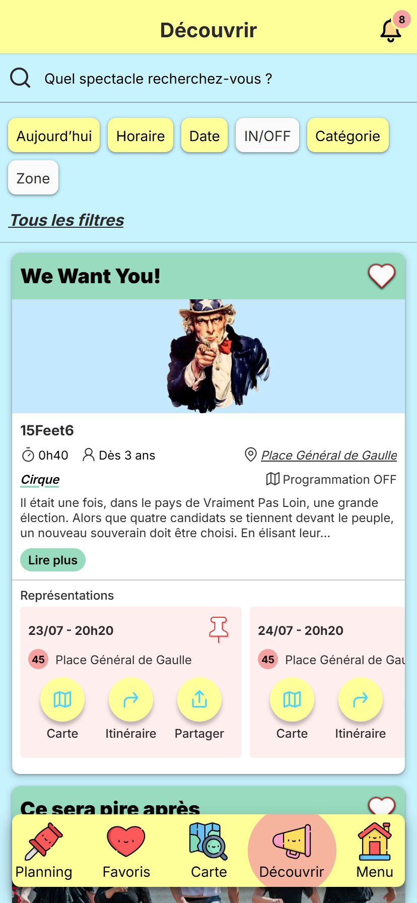 Écran Découvrir filtré sur le jeudi 23/07 en soirée et sur la catégorie Cirque : la carte du spectacle We Want You!, 40 minutes, dès 3 ans, place Général de Gaulle, avec ses représentations.